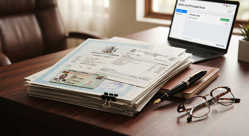 Stack of official Kenyan student documents neatly organized for scanning at Boratech Cyber